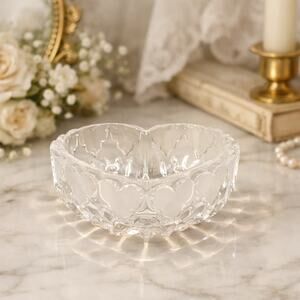 Mid Century Modern Glass Heart Dish Bird Etched Base Vintage Decor